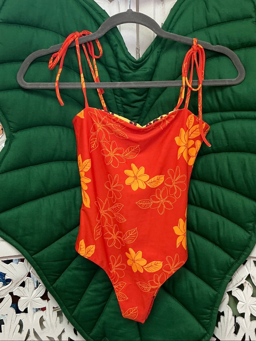NWOT T&C surf Olitas one piece swimsuit, orange tiare floral/ yellow cheetah. S